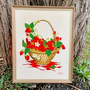 Vintage 70s Strawberry Basket Crewel Embroidery Framed Wall Art 20x16 CV Signed